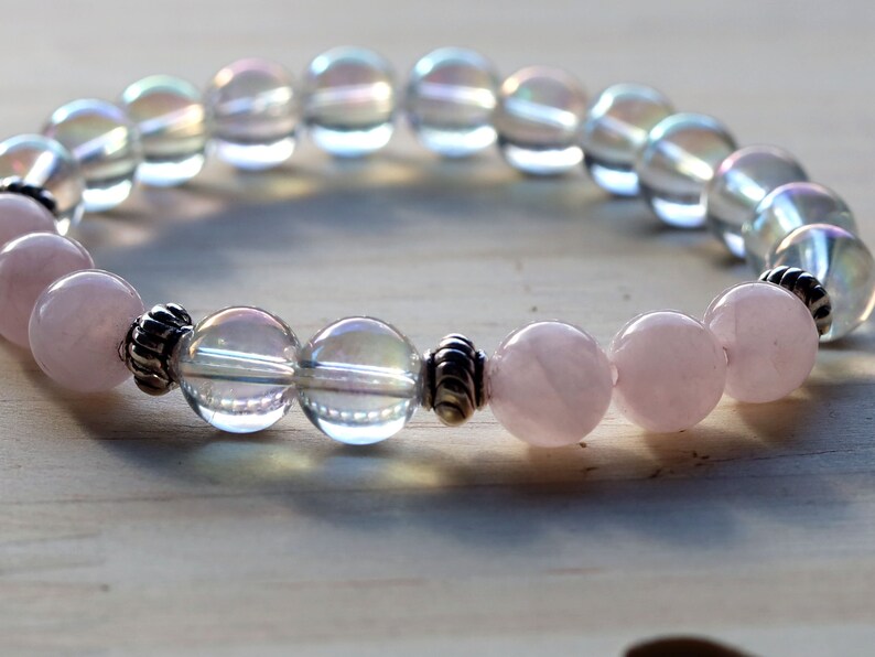 Gahiṇā Jewel Collection - Charming Bracelet with Angel Aura with Top quality rose quartz with Tribal Silver Plated Spacer Beads.