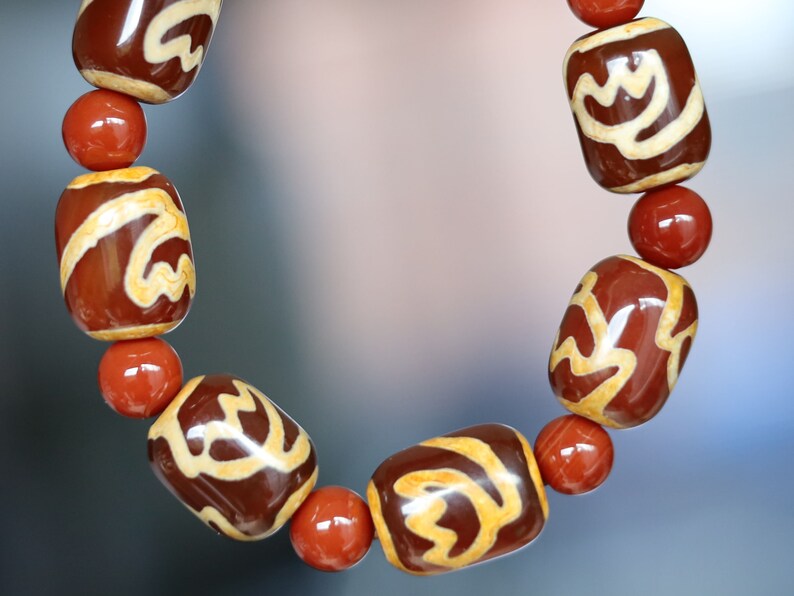 Exclusive Lotus Dzi Bead Natural Stone Bracelet/Tibetan Bead Bracelets. Handmade Tibetan bracelet made by local craftsmen.