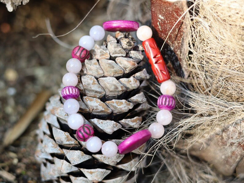 Rose Quartz Beads Beaded bracelet combined with Mixed Indigo cow bone from India. Bone Beads are intricate, beautiful and natural.
