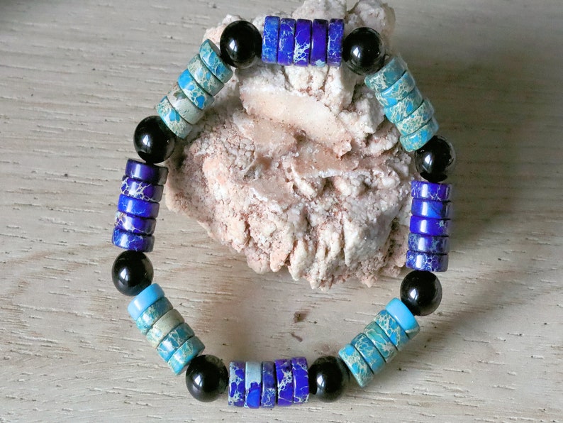 Heishi Gemstone Beads, Sea Sediment Jasper with Obsidian Beads Aquamarine Light Blue and Lapis Blue. Combined with Obsidian round beads.