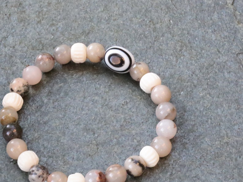 Natural Rhodonite Beaded bracelet, Round 8mm combined with Black and white glass bead and Round/Melon bone beads.