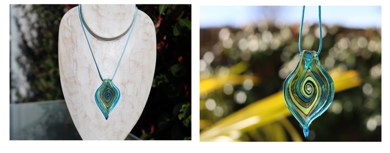 Murano-inspired twisted GLASS PENDANTS lampworks necklaces. The glass is handcrafted and hand-blown and shaped by master glass maker.