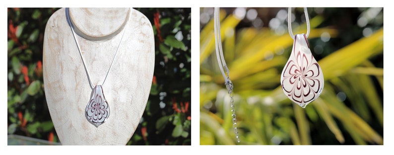 Murano-inspired twisted GLASS PENDANTS lampworks necklaces. The glass is handcrafted and hand-blown and shaped by master glass maker.