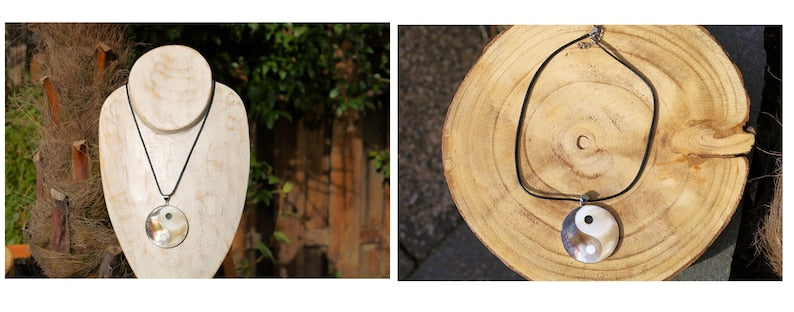 Natural Mother of Pearl Shell Pendant Necklace Chinese Elements Splicing Shell Necklace. Pendant Size: 50x50mm. Chain Length: 55 + 5cm. Yin Yang Adjustable Cord.