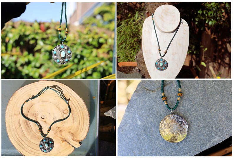 Silver vintage pendant. cut turquoise. At the back a Mandala. Diameter 45 mm