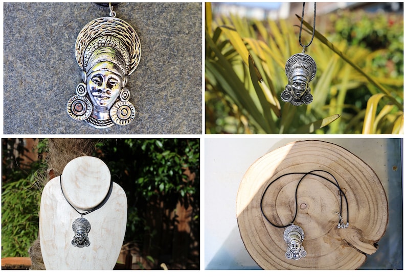 African lady. Silver colored African style pendant. Length 6 cm, width 4 cm.
