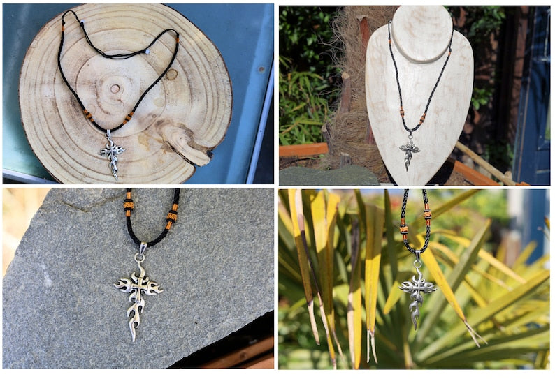 A very large Pendant: Crucifix in Tribal style. Metal in Antique Silver tone. Size: 62x35x5 mm