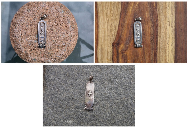 Silver Vintage necklace pendant Egypt. Size approx 10 mm x 40mm. Egyptian Hieroglyph Name , 925 Sterling Silver.