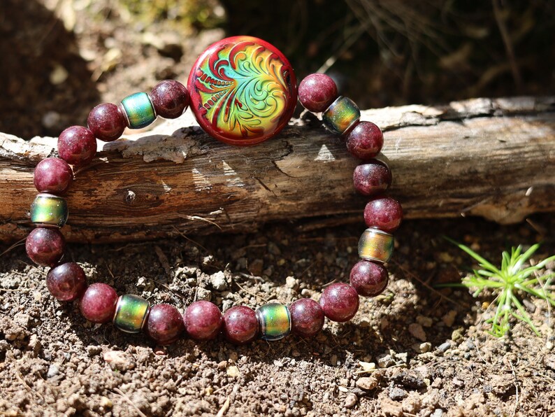 Color-changing Mood Mirāja collection. Dark Red Garnet Jade Beads with Mirage Mood Radiant Rouge Coin. Creating unique colors