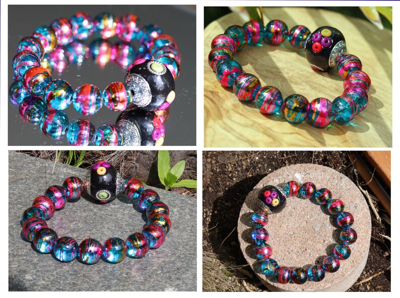 Handmade Indonesia Beads, with BLACK Resin Beads and Alloy Findings, Round, Antique Silver, Mixed Color. With Bead Cosmic Round Ø12mm Azure w Pink beads. Total weight approx 41 gr.