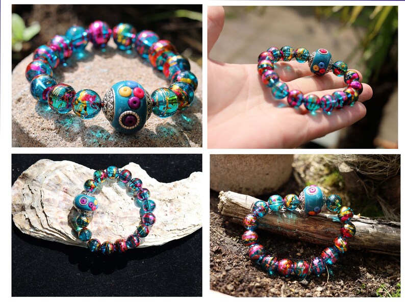 Handmade Indonesia Beads, with Green /Blue Resin Beads and Alloy Findings, Round, Antique Silver, Mixed Color. With Bead Cosmic Round Ø12mm Azure w Pink beads. Total weight approx 41 gr.