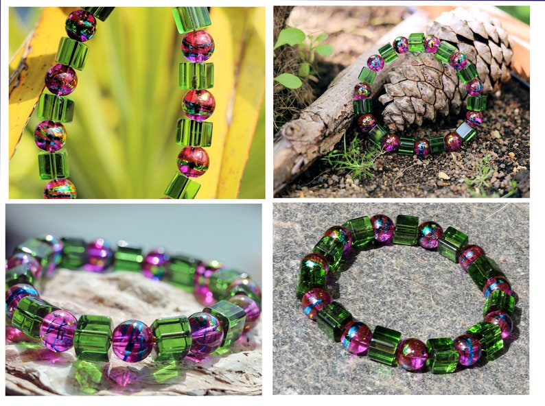 -Glass beaded bracelet with a special color coating. Mix Colors Ø8mm. With Glass Bead Cube Green 8x8mm. Total weight approx 29 gr.