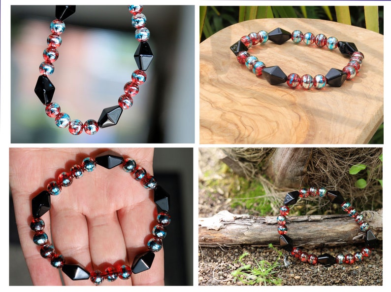 Black rhombus glass bead 15x10mm. Diamond Glass Bead Black 15x10mm. With Cosmic Round bead Ø8mm Cherry w Silver.