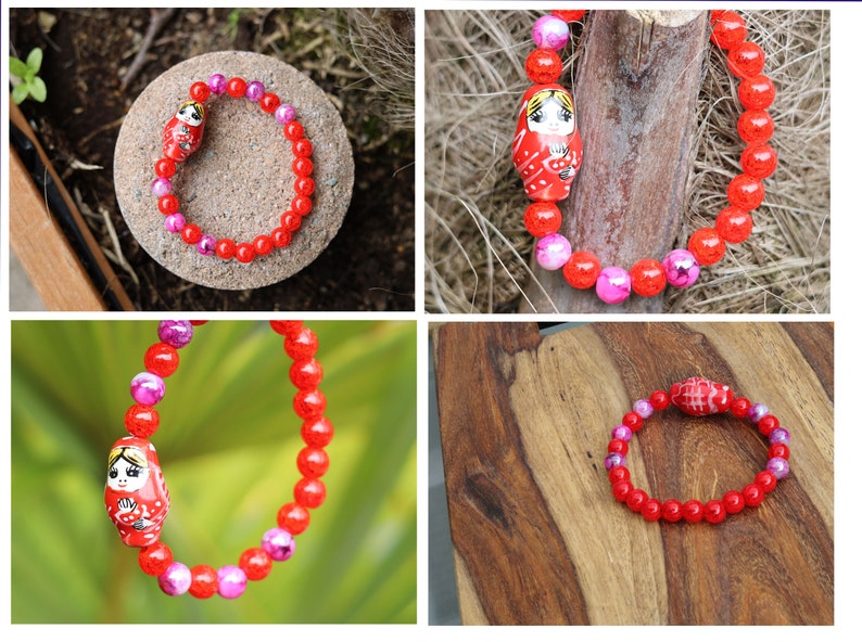 Pieces of beautiful mixed fuchsia/purple glass beads 8 mm. With 8mm Crackle red Glass Beads. And combined with a Nice matryoshka in red color26 x 15 mm