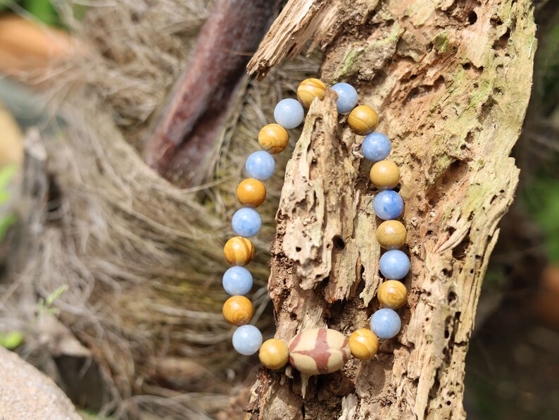 Antique looking egg shaped Terracotta bracelet with Blue Aventurine and Wood Lace Agate. believed to have grounding and stabilizing energies