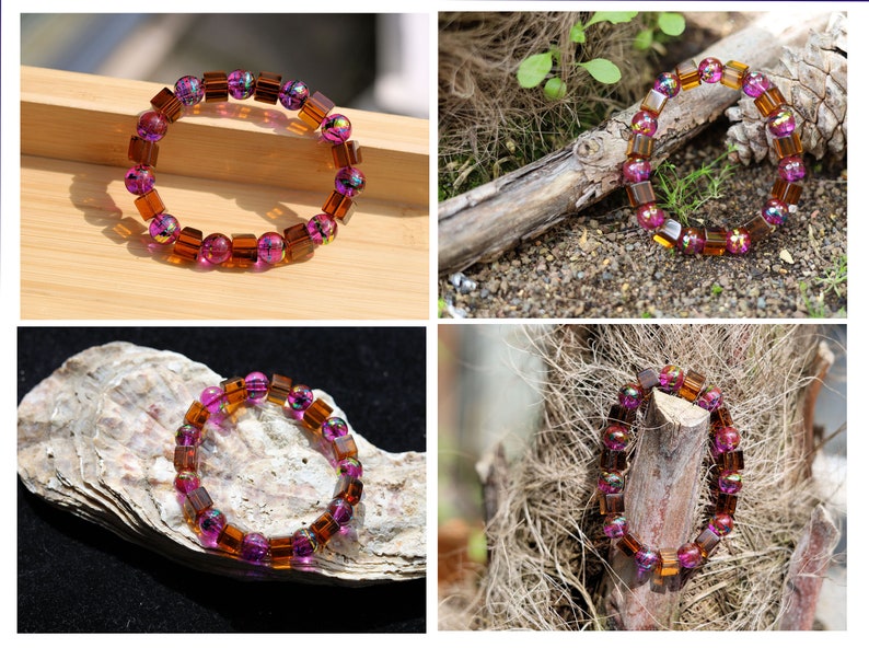 Glass Bead Cube Amethyst 8x8mm bracelet with Cosmic Round bead Ø10mm Amethyst w Gold. Total weight approx 29 gr. Glass beads with an impressive finish.