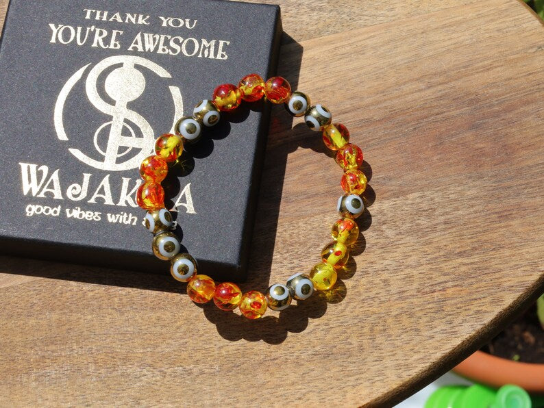 Yellow/Red acrylic beads with Electroplate Glass Beads Strands, Round with Evil Eye Pattern, gold color. protecting the wearer from harm