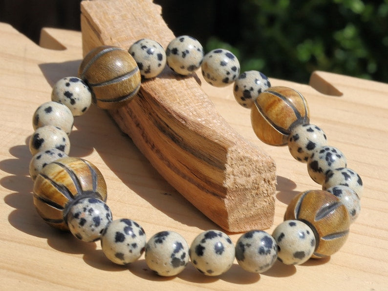 Dalmatian Jasper beaded bracelet with large round wooden beads, that look like Horn beads. Perfect handmade gifts