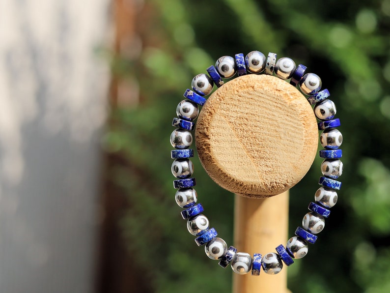 Silver Electroplate Glass Beads with Evil Eye Pattern. Heishi spacer beads. Sea Sediment Jasper Lapis Blue. Material: Stone