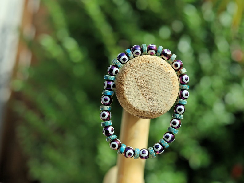 Green Electroplate Glass Beads with Evil Eye Pattern. Heishi spacer beads. Sea Sediment Jasper red. Material: Stone