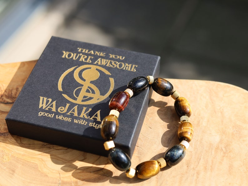 Appealing unique oval Tiger Eye beaded bracelets. With Stainless Steel Beads Gold Color 6mm Ribbed Cyclinder Tube Spacers.