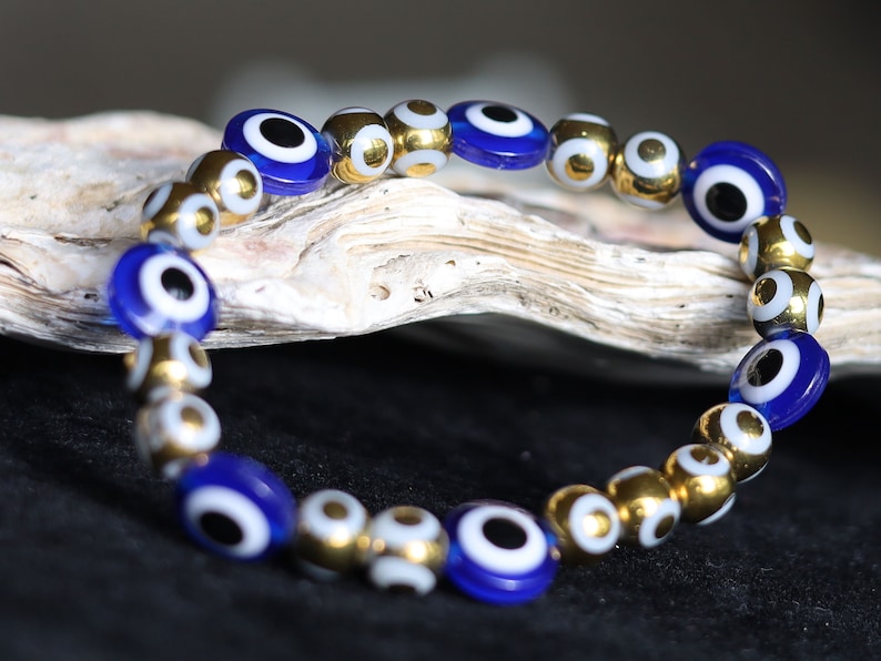 Round Handmade Evil Eye Lampwork Beads, Blue with Electroplate Glass, Round with Evil Eye Pattern, gold color. protecting the wearer
