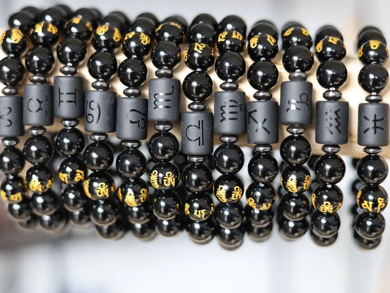 12 Zodiac Constellation Horoscope Signs Bracelets. Unique with Buddhist Words Om Mani Padme Hum Mantra. Horoscope Bracelet Gifts