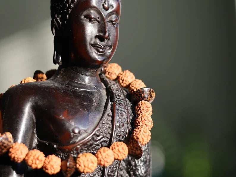 One of a kind Wajakaa bracelet! Round Rudraksha beads - made from the seeds of the Elaeocarpus Ganitrus tree. Combined +Patikan Palmwood