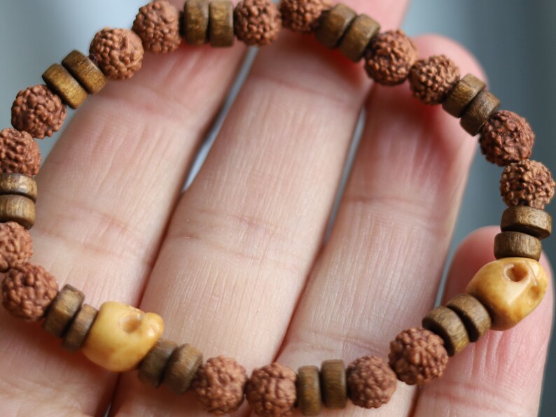 Wooden collection - lightweight Unique Natural Round Rudraksha beads - Wood Heishi beads - authentic & detailed hand-carved prayer beads