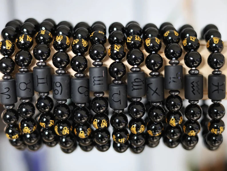 12 Zodiac Constellation Horoscope Signs Bracelets. Unique with Buddhist Words Om Mani Padme Hum Mantra. Horoscope Bracelet Gifts