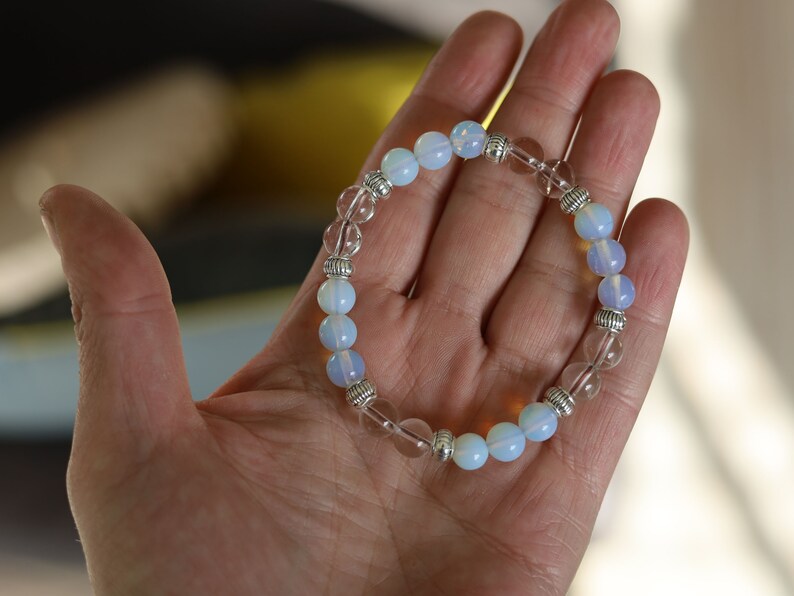 Gahiṇā Jewel Collection - Charming Bracelet with Opalite with Rockcrystal with Tribal Silver Plated Spacer Beads. Mindfully made