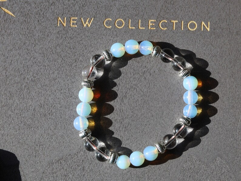 Gahiṇā Jewel Collection - Charming Bracelet with Opalite with Rockcrystal with Tribal Silver Plated Spacer Beads. Mindfully made