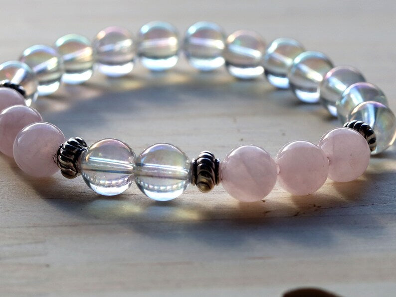 Gahiṇā Jewel Collection - Charming Bracelet with Angel Aura with Top quality rose quartz with Tribal Silver Plated Spacer Beads.
