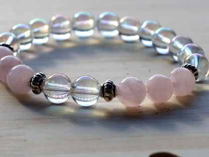 Gahiṇā Jewel Collection - Charming Bracelet with Angel Aura with Top quality rose quartz with Tribal Silver Plated Spacer Beads.