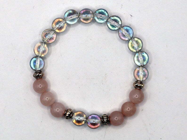 Gahiṇā Jewel Collection - Charming Bracelet with Angel Aura with Top quality rose quartz with Tribal Silver Plated Spacer Beads.