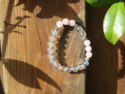 Gahiṇā Jewel Collection - Charming Bracelet with Angel Aura with Top quality rose quartz with Tribal Silver Plated Spacer Beads.