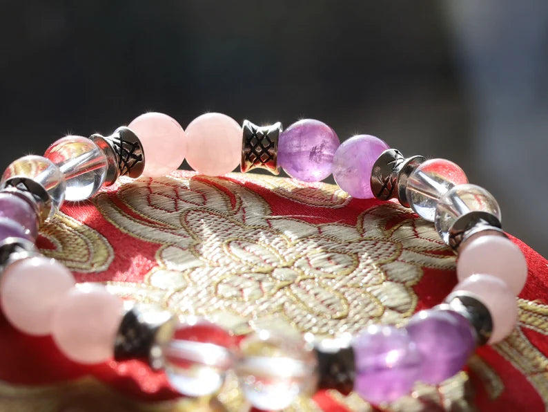 Gahiṇā Jewel Collection - Gold Triangle Bracelets with Rock Crystal, Rose Quartz and Amethyst. Tribal Silver Plated Spacer Beads.
