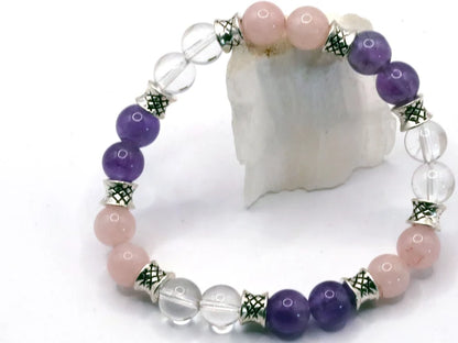 Gahiṇā Jewel Collection - Gold Triangle Bracelets with Rock Crystal, Rose Quartz and Amethyst. Tribal Silver Plated Spacer Beads.