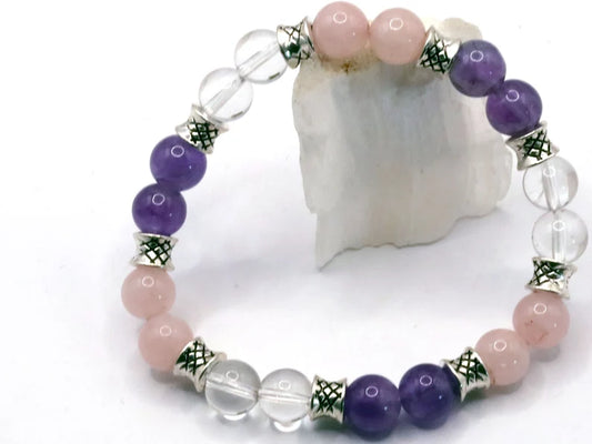 Gahiṇā Jewel Collection - Gold Triangle Bracelets with Rock Crystal, Rose Quartz and Amethyst. Tribal Silver Plated Spacer Beads.