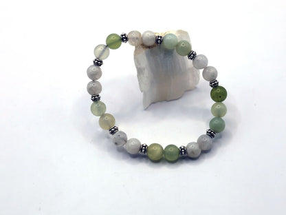 Gahiṇā Jewel Collection - Unique Bracelet with beautiful Xiu Jade and & Indian Moonstone. Tribal Silver Plated Spacer Beads.