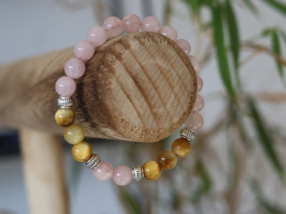 Gahiṇā Jewel Collection - Surprising Bracelet with Gold Tiger Eye and Rose quartz. Tribal Silver Plated Spacer Beads. Meaningful