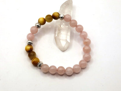 Gahiṇā Jewel Collection - Surprising Bracelet with Gold Tiger Eye and Rose quartz. Tribal Silver Plated Spacer Beads. Meaningful