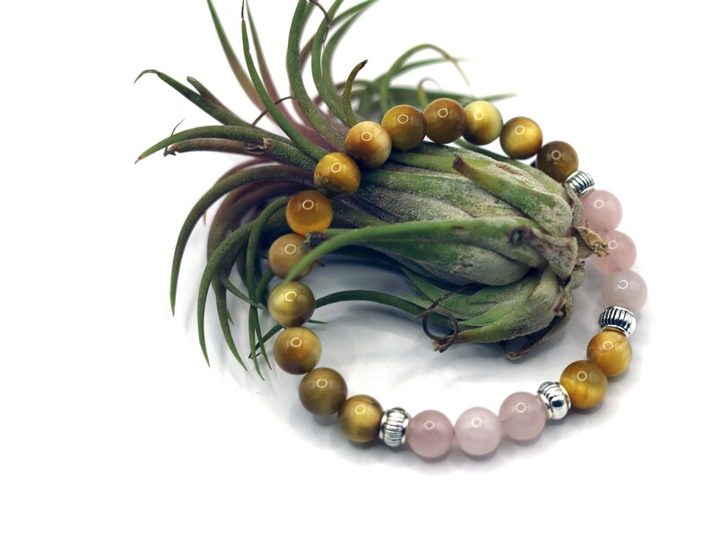 Gahiṇā Jewel Collection - Admirable Bracelet with Gold Tiger’s Eye with Top quality rose quartz with Tribal Silver Plated Spacer Beads.