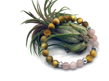 Gahiṇā Jewel Collection - Admirable Bracelet with Gold Tiger’s Eye with Top quality rose quartz with Tribal Silver Plated Spacer Beads.
