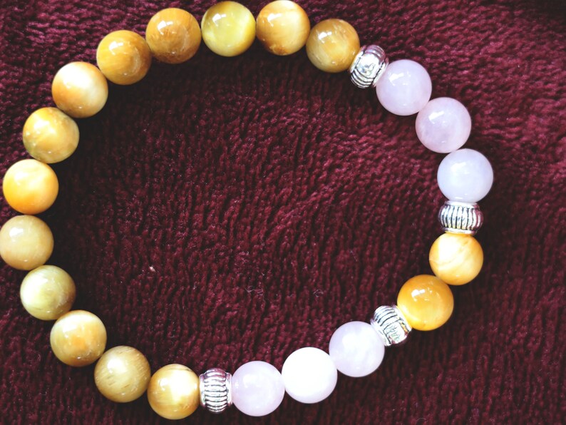 Gahiṇā Jewel Collection - Admirable Bracelet with Gold Tiger’s Eye with Top quality rose quartz with Tribal Silver Plated Spacer Beads.