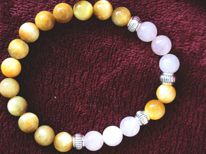 Gahiṇā Jewel Collection - Admirable Bracelet with Gold Tiger’s Eye with Top quality rose quartz with Tribal Silver Plated Spacer Beads.