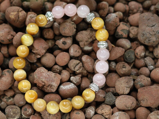 Gahiṇā Jewel Collection - Admirable Bracelet with Gold Tiger’s Eye with Top quality rose quartz with Tribal Silver Plated Spacer Beads.