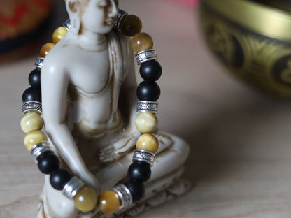 Gahiṇā Jewel Collection - Cool Bracelet with real Shungite and Gold Tiger Eye. Tribal Silver Plated Spacer Beads. Mindfully made