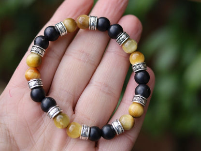 Gahiṇā Jewel Collection - Cool Bracelet with real Shungite and Gold Tiger Eye. Tribal Silver Plated Spacer Beads. Mindfully made