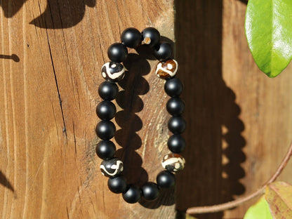 Natural Matte Black Onyx Beads bracelet with Beautiful Bone Batik Beads - Round Flat - approx 12x9 mm - Black + Off White